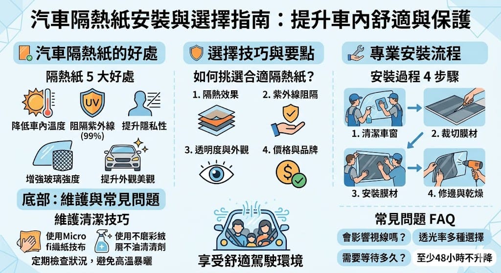汽車隔熱紙是一項提升車輛舒適度和安全性的高效選擇，能有效隔熱並阻擋紫外線，保護車內裝潢免受紫外線傷害。選擇合適的汽車隔熱紙不僅能降低車內溫度，還能增強隱私性與美觀性。本指南將幫助你了解汽車隔熱紙的不同種類、選擇標準、安裝流程及維護建議，讓你為愛車選擇最適合的隔熱膜，提升駕駛體驗並保護車內環境。